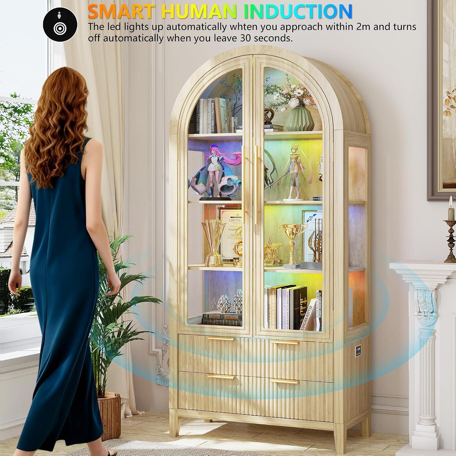 LVSOMT 71' Tall Arched Storage Cabinet with Glass Doors and Drawers, Curio Display Cabinet with Adjustable RGB Light & Human Sensor, 4-Tier China Cabinet for Living Room(Wood)
