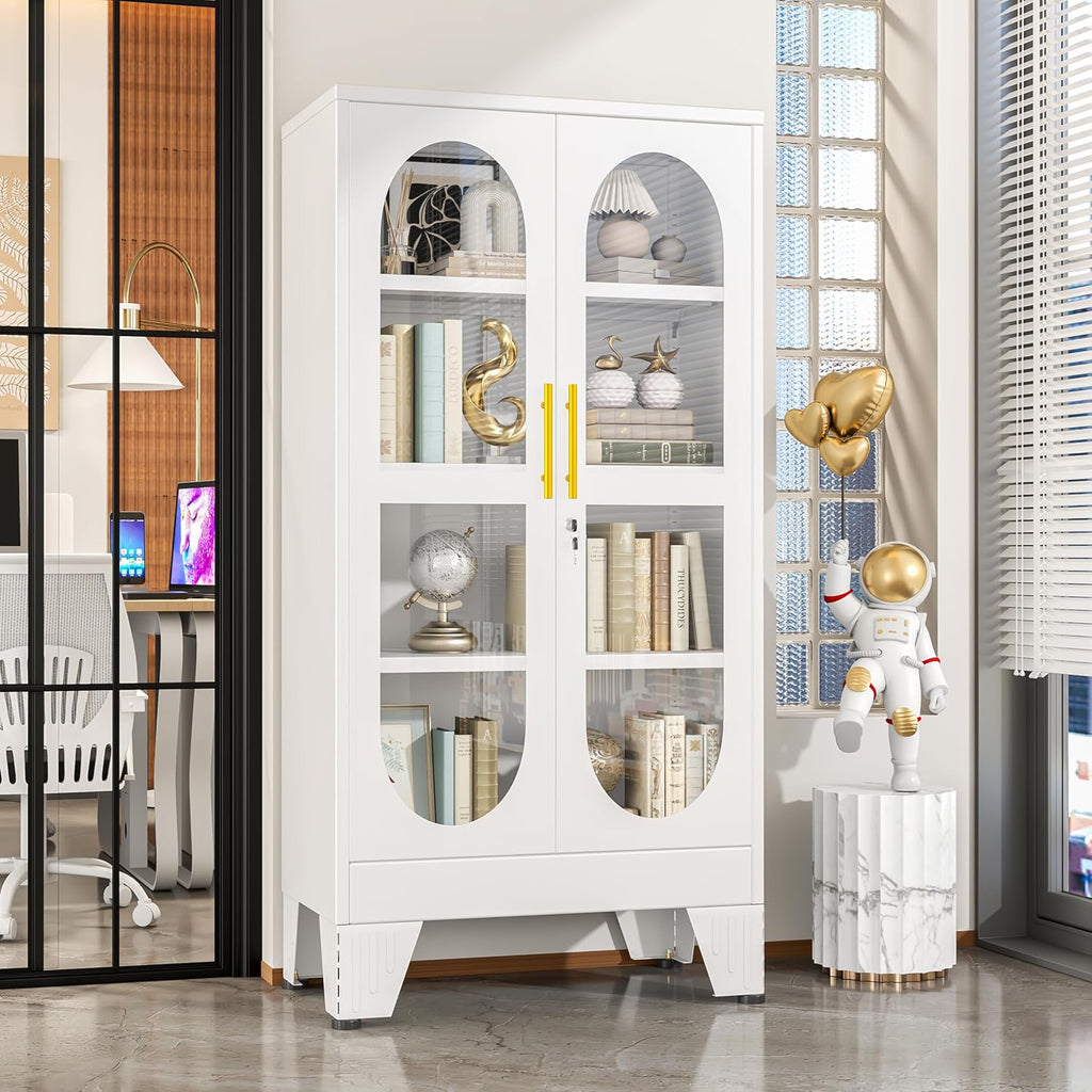 GAIOUS 47' Tall Metal Curio Cabinet, Display Storage Cabinet with Glass Door, 4 Tier Liquor Cabinet with 3 Adjustable Shelves, Locking Glass Display Case for Collectibles, Showcase Cabinets, White