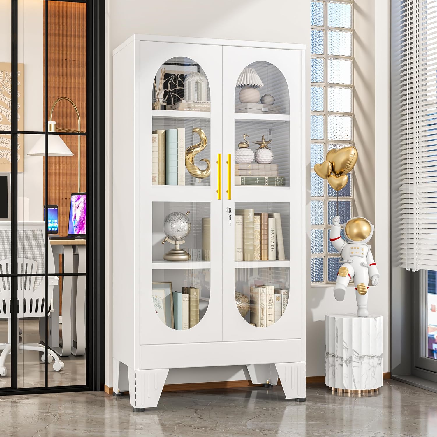 GAIOUS 47' Tall Metal Curio Cabinet, Display Storage Cabinet with Glass Door, 4 Tier Liquor Cabinet with 3 Adjustable Shelves, Locking Glass Display Case for Collectibles, Showcase Cabinets, White