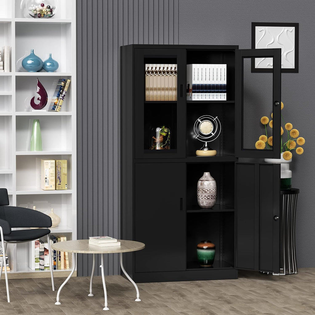71'H Display Cabinet with Adjustable Shelves, 4 Door Display Cabinets with Glass Door, Black Metal Display case, Locking Steel Storage Caninet for Home/Office/Living Room -Assembly Required
