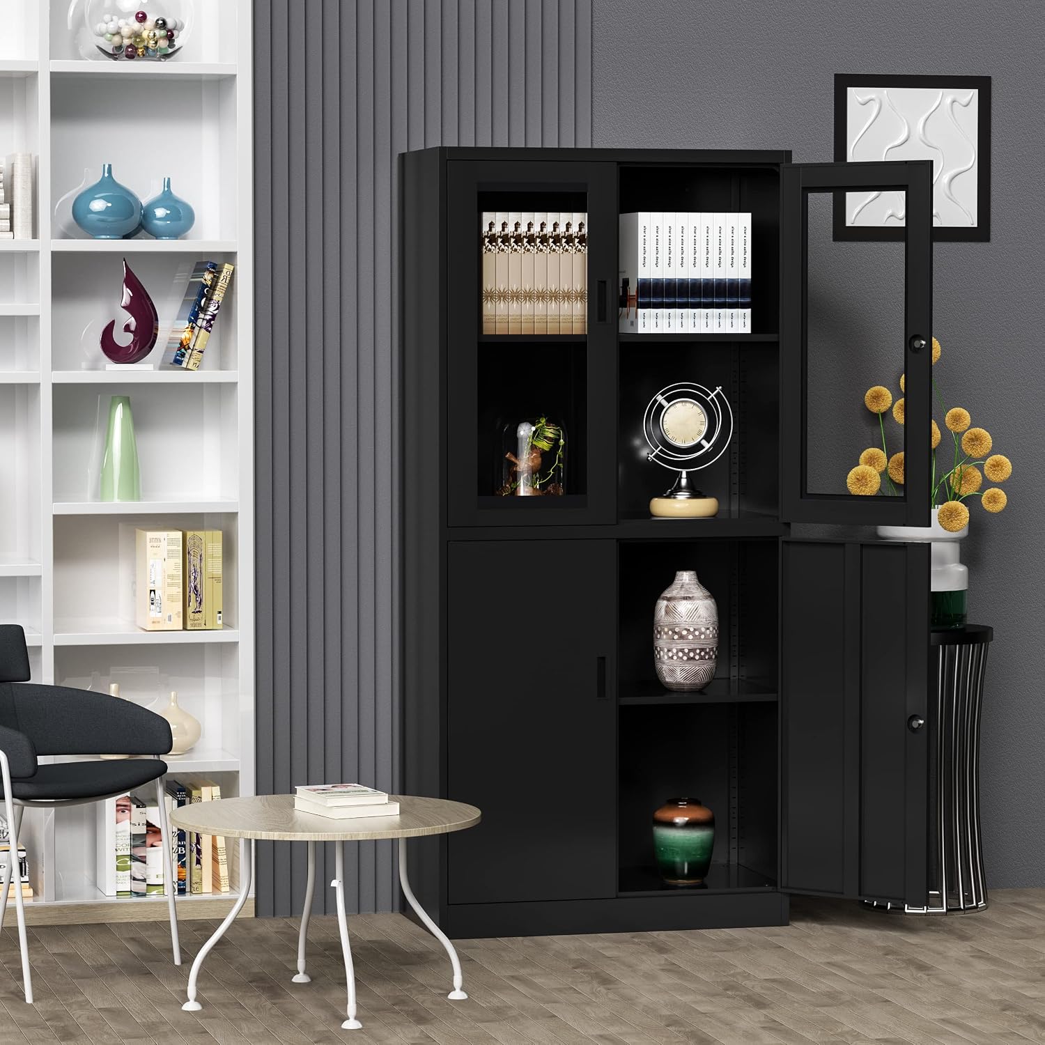 71'H Display Cabinet with Adjustable Shelves, 4 Door Display Cabinets with Glass Door, Black Metal Display case, Locking Steel Storage Caninet for Home/Office/Living Room -Assembly Required