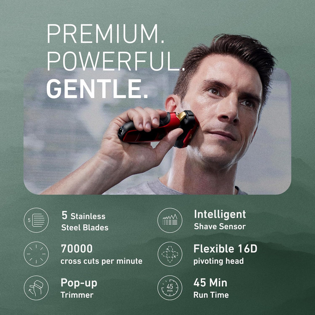 Panasonic ARC5 Electric Razor for Men Face, Wet & Dry Shavers for Men with Foil Shaver, Pop-up Trimmer, Ultra-Fast 5-Blade, Smart Shave Sensor, 16D Flexible Pivoting Head - ES-ALV6HR (Red)