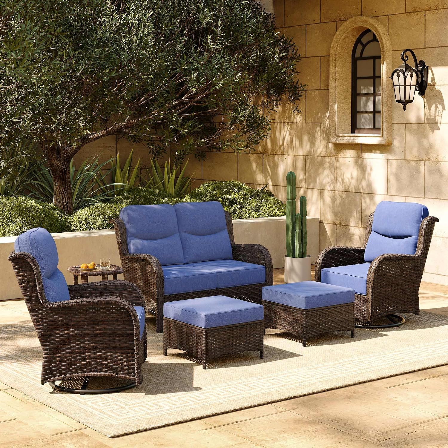 HILLGA 6-Piece Luxury Patio Furniture Set with 6' Thick Cushions, Weather-Resistant Wicker High Back Swivel Rocker Chairs, Senior-Friendly Outdoor Loveseat Set for Deck, Yard and Poolside, Blue(V2)