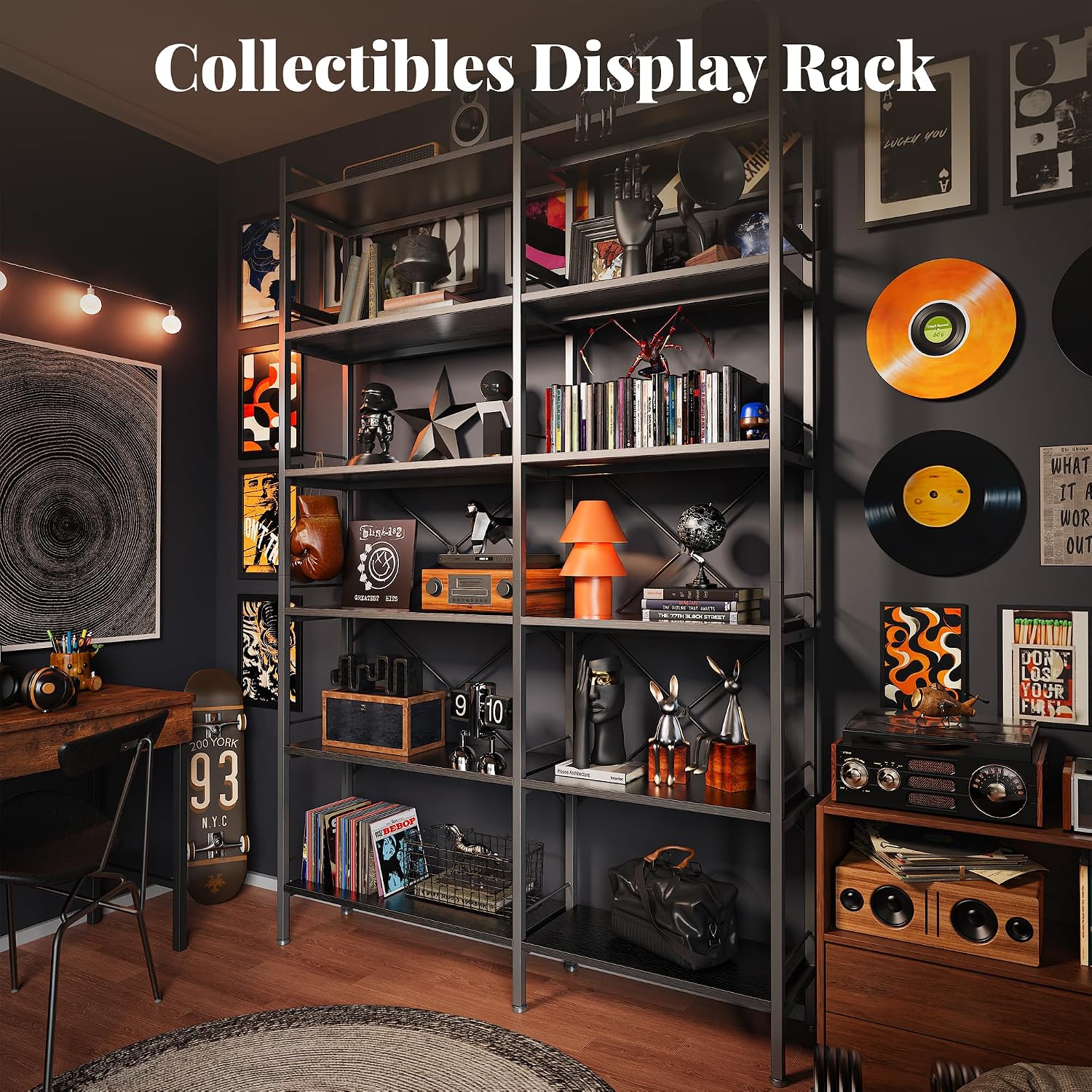 Huuger 6 Tier Bookshelf, L Shaped Corner Bookshelf with Open Shelves, 49.4 Inch Straight Wide Bookcase with Metal Frame and Wooden Board, Adjustable Feet, Black