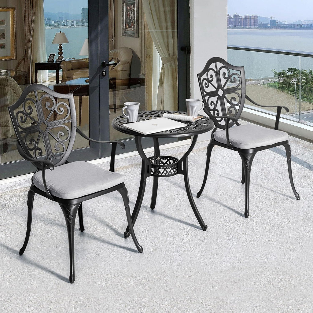 NUU GARDEN 3-Piece Outdoor Bistro Set, Cast Aluminum Patio Bistro Table and Chairs with Umbrella Hole and Grey Cushions, Bistro Set for Patio and Backyard, Black