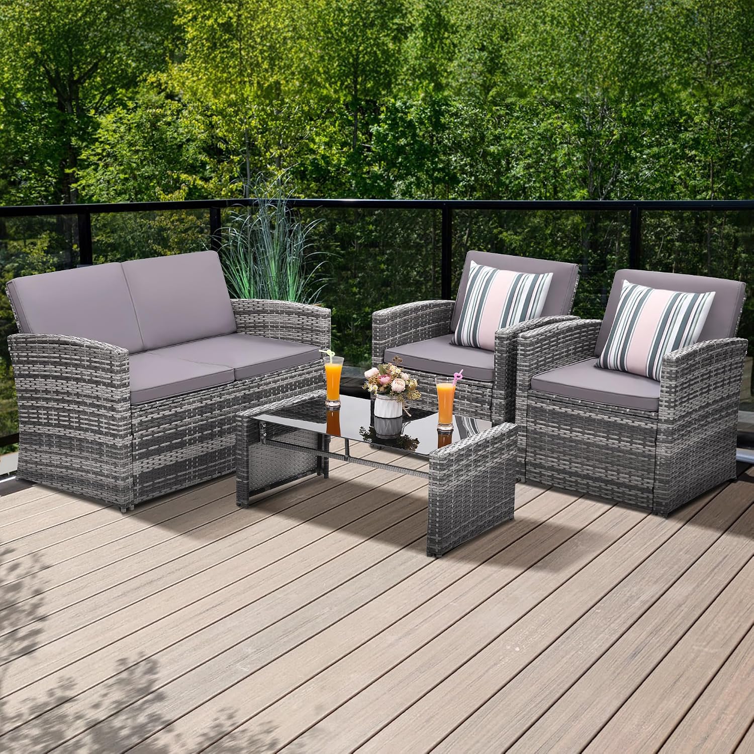 KROFEM 4-Piece Patio Furniture Set, Wicker Outdoor Rattan Sectional Sofa with Cushions and Glass Table, All-Weather Outdoor Conversation Set for Garden, Porch, Backyard, Patio, Light Grey
