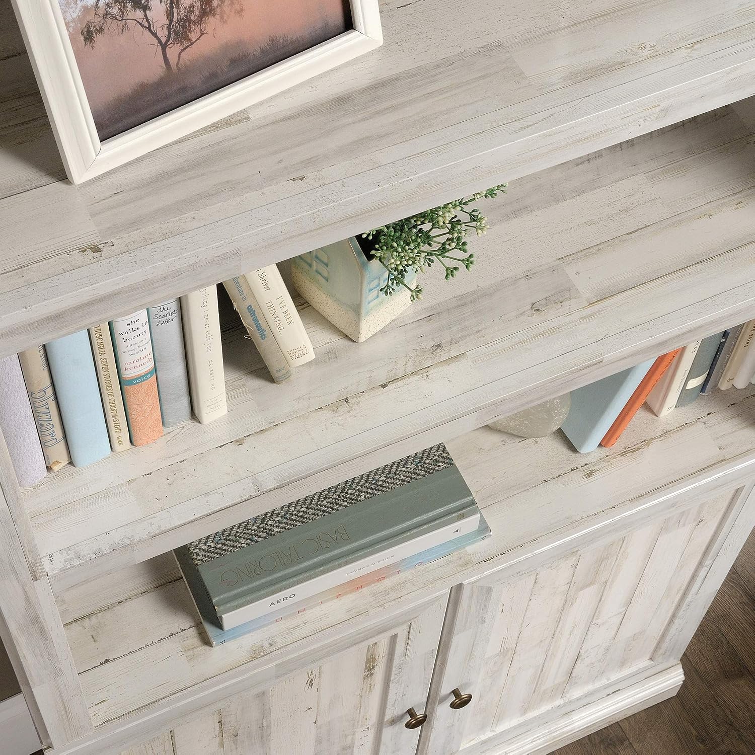 Sauder Select Book Shelf, Bookshelf with Storage, Library Bookcase with Doors and Adjustable Shelves, in White Plank