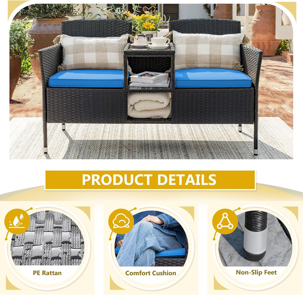 Devoko Outdoor Patio Loveseat Modern Rattan 2-Seat Patio Conversation Set with Cushions & Built-in Coffee Table Porch Furniture for Garden Lawn Backyard (Blue)