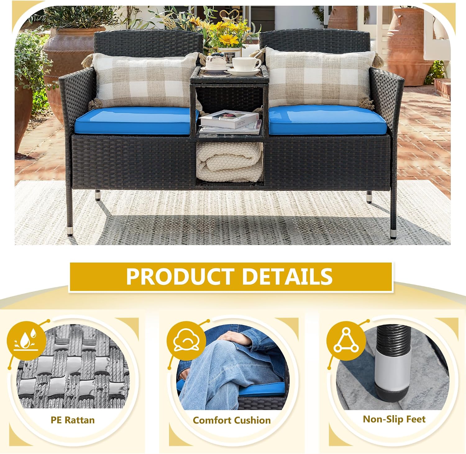 Devoko Outdoor Patio Loveseat Modern Rattan 2-Seat Patio Conversation Set with Cushions & Built-in Coffee Table Porch Furniture for Garden Lawn Backyard (Blue)