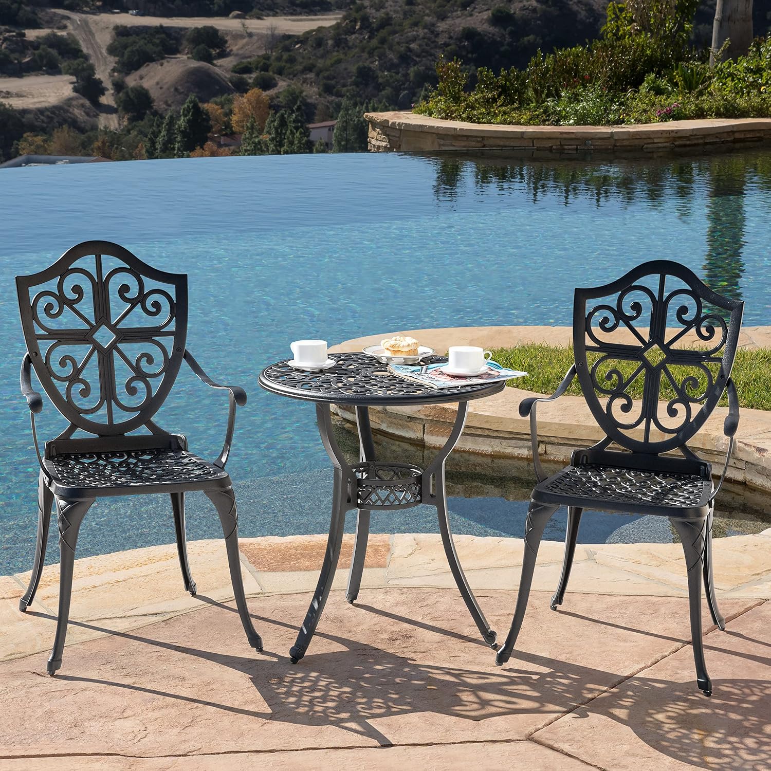 NUU GARDEN Bistro Set 3 Piece Outdoor, Cast Aluminum Patio Bistro Sets with Umbrella Hole, Bistro Table and Chairs Set of 2 for Patio Backyard