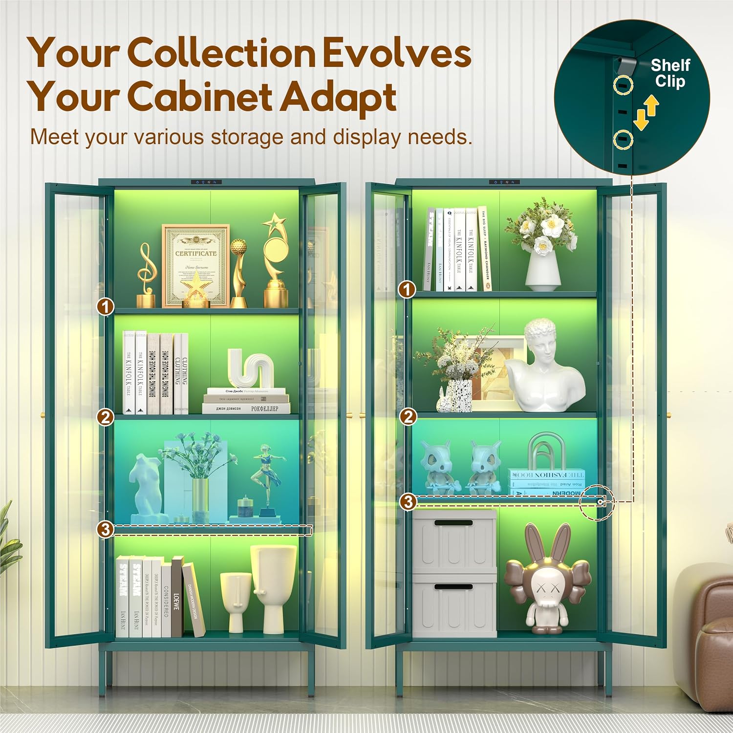 UNICOLY Display Cabinet with Glass Doors, Glass Display Cabinet with 8 Color LED Lights, Curio Display Cabinet with 3 Shelves for Living Room, Plant, Display Shelf, Assembly Required, Green