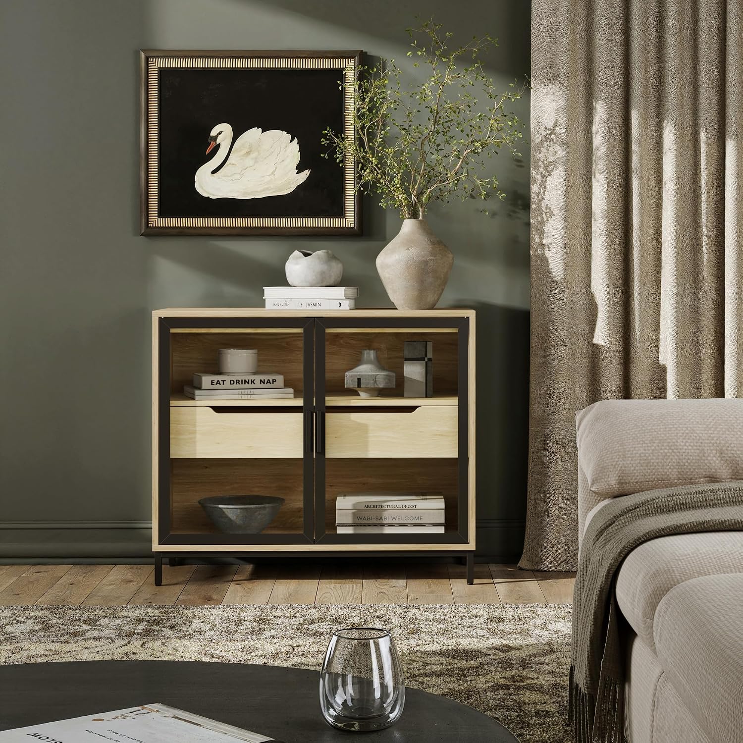 Nathan James Mackenna Metal and Glass Sideboard Accent Cabinet with Two Doors, Oak Credenza for Kitchen or Living Room