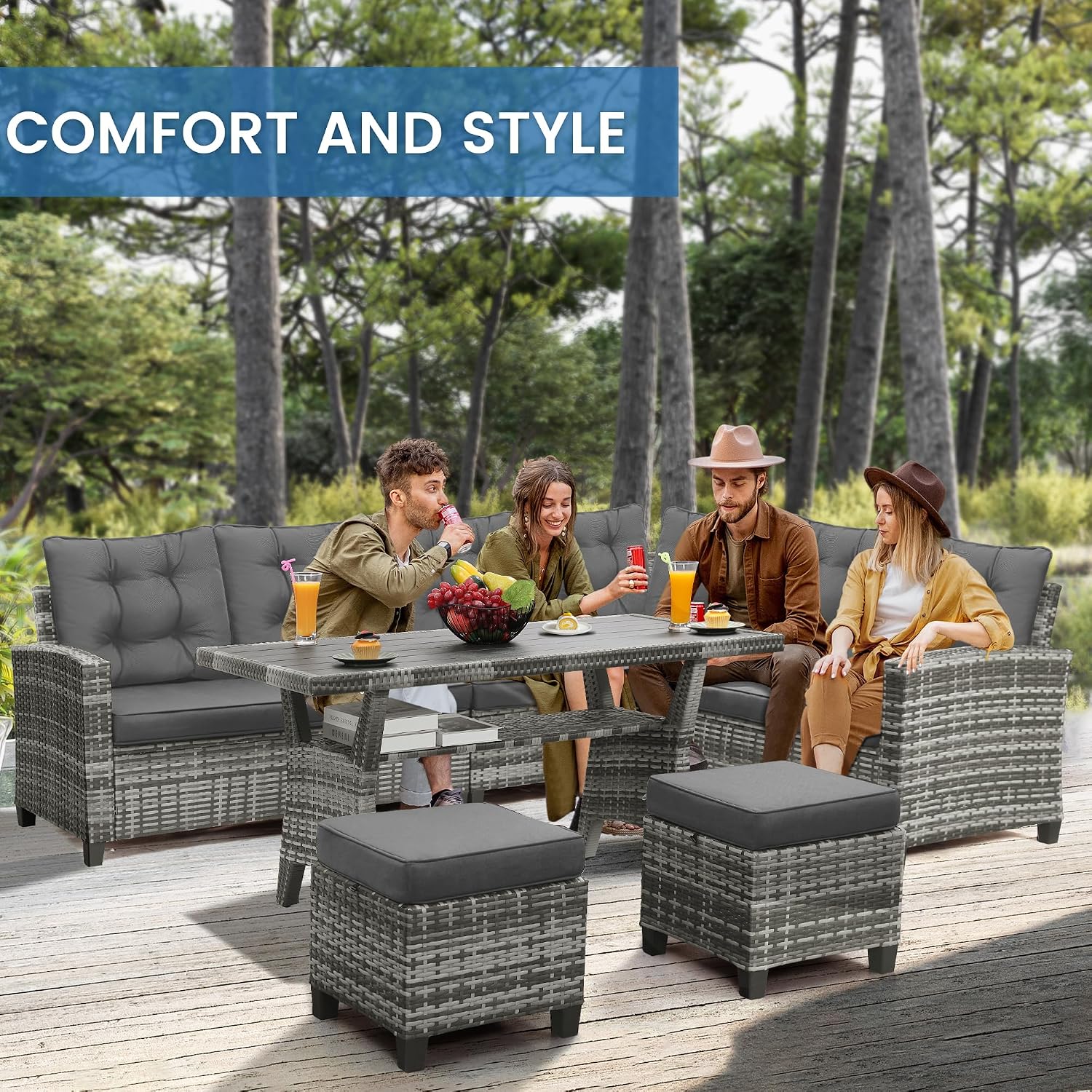 KROFEM 6-Piece Patio Furniture Set, Outdoor Sectional Sofa with Dining Table & Chairs, All-Weather Dining Set with Removable Cushion Covers, Ideal for Garden, Porch, Backyard, Grey