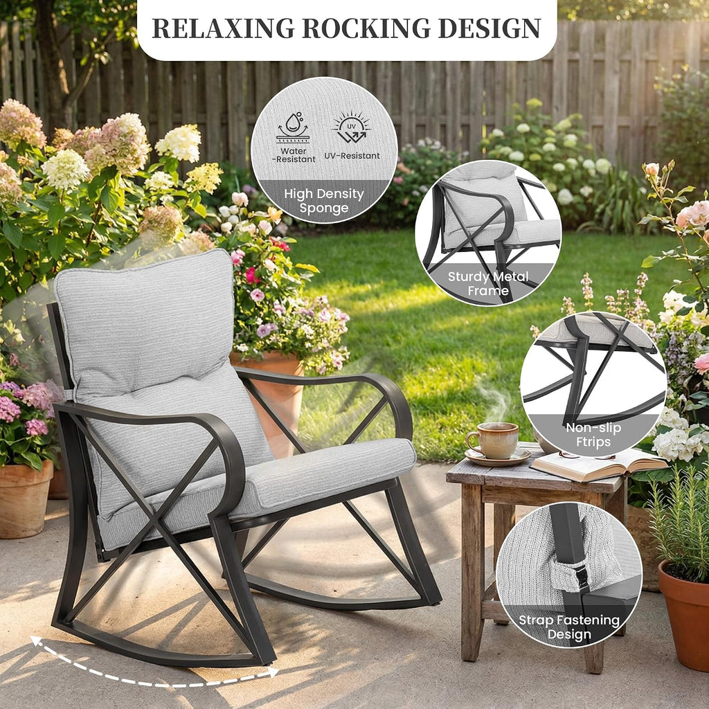 COSIEST 3 Piece Bistro Set Patio Rocking Chairs Outdoor Furniture w Warm Gray Cushions, Glass-Top Table for Garden, Pool, Backyard