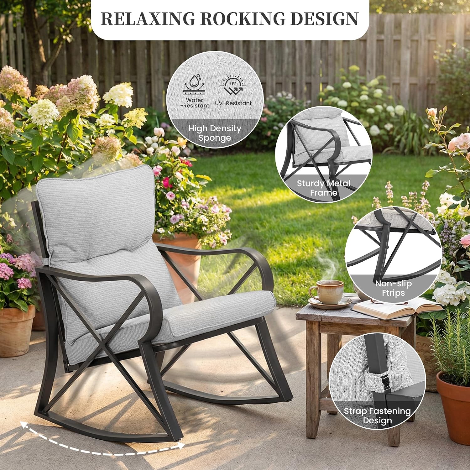 COSIEST 3 Piece Bistro Set Patio Rocking Chairs Outdoor Furniture w Warm Gray Cushions, Glass-Top Table for Garden, Pool, Backyard