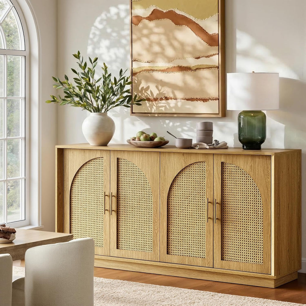 FORTUNETEC 63' Sideboard Buffet Cabinet with Storage, Modern Accent Cabinet with Rattan Arched Doors, Modular Media Console, Boho Credenza for Living Room Kitchen Dining Room Entryway, Oak
