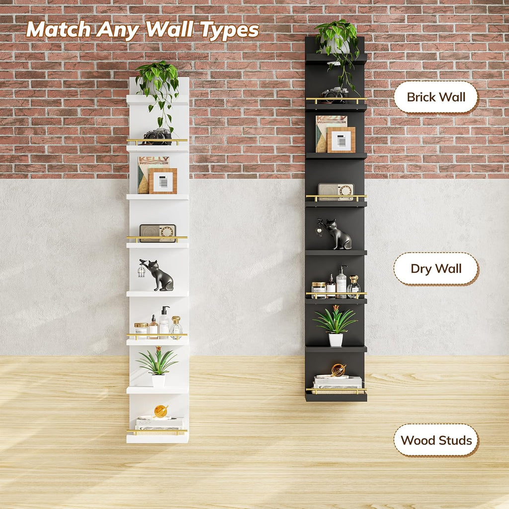 REIBII 8 Tier Wall Shelf Unit, 2-Pack White Floating Shelves with LED Light, Multi-Functional Versatile Shelves for Dressing Room Bedroom Living Room Office