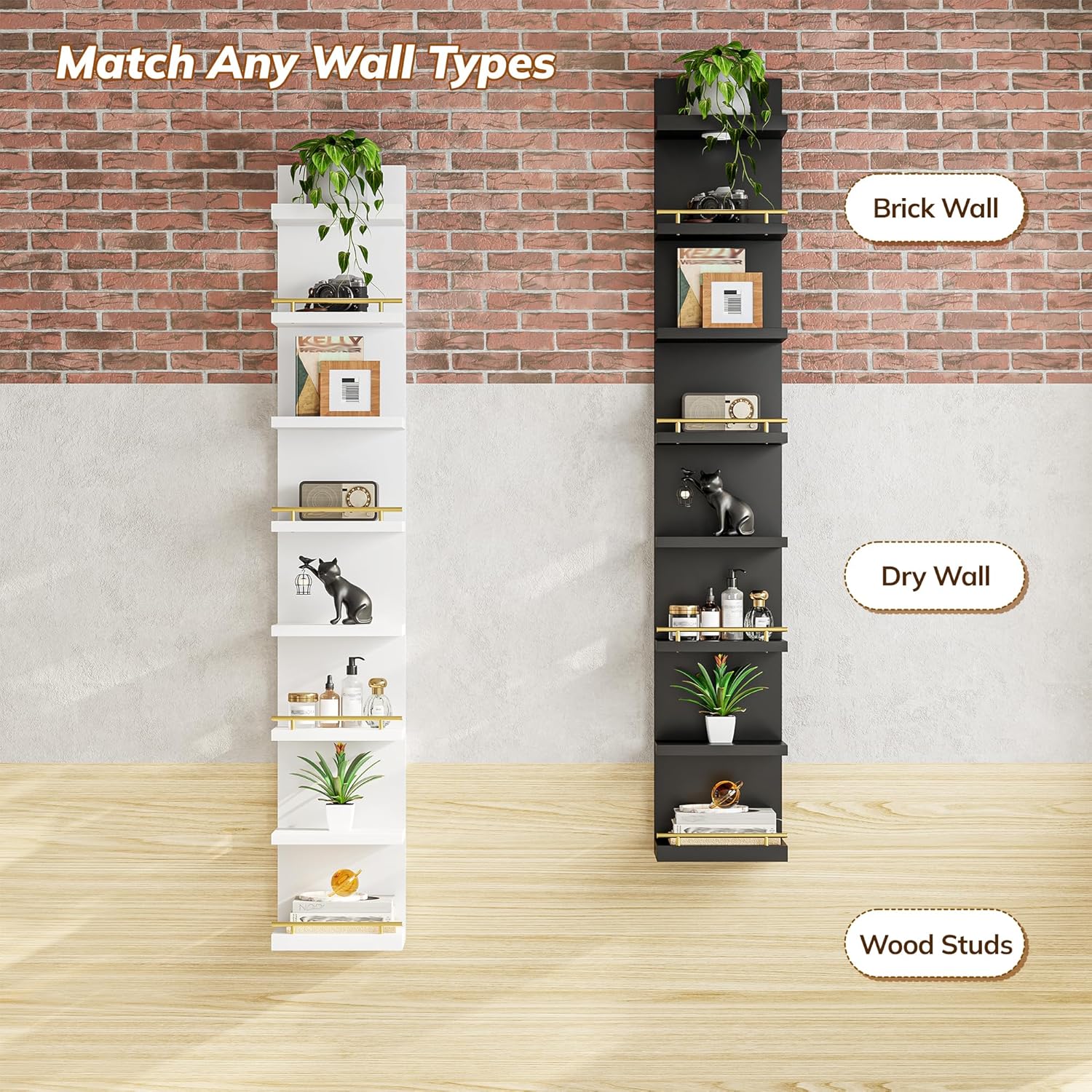 REIBII 8 Tier Wall Shelf Unit, 2-Pack White Floating Shelves with LED Light, Multi-Functional Versatile Shelves for Dressing Room Bedroom Living Room Office
