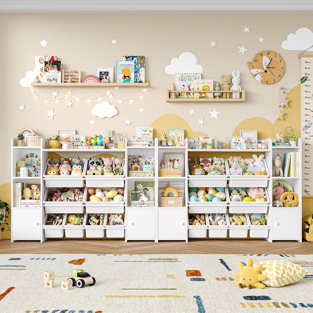 FOTOSOK Toy Storage Organizer with 8 Toy Bins, 55''Large Toy Organizers and Storage with Top Shelf, Toy Storage and Kids Bookshelf with 6 Storage Cubbies, Playroom Storage and Organization Bins, White