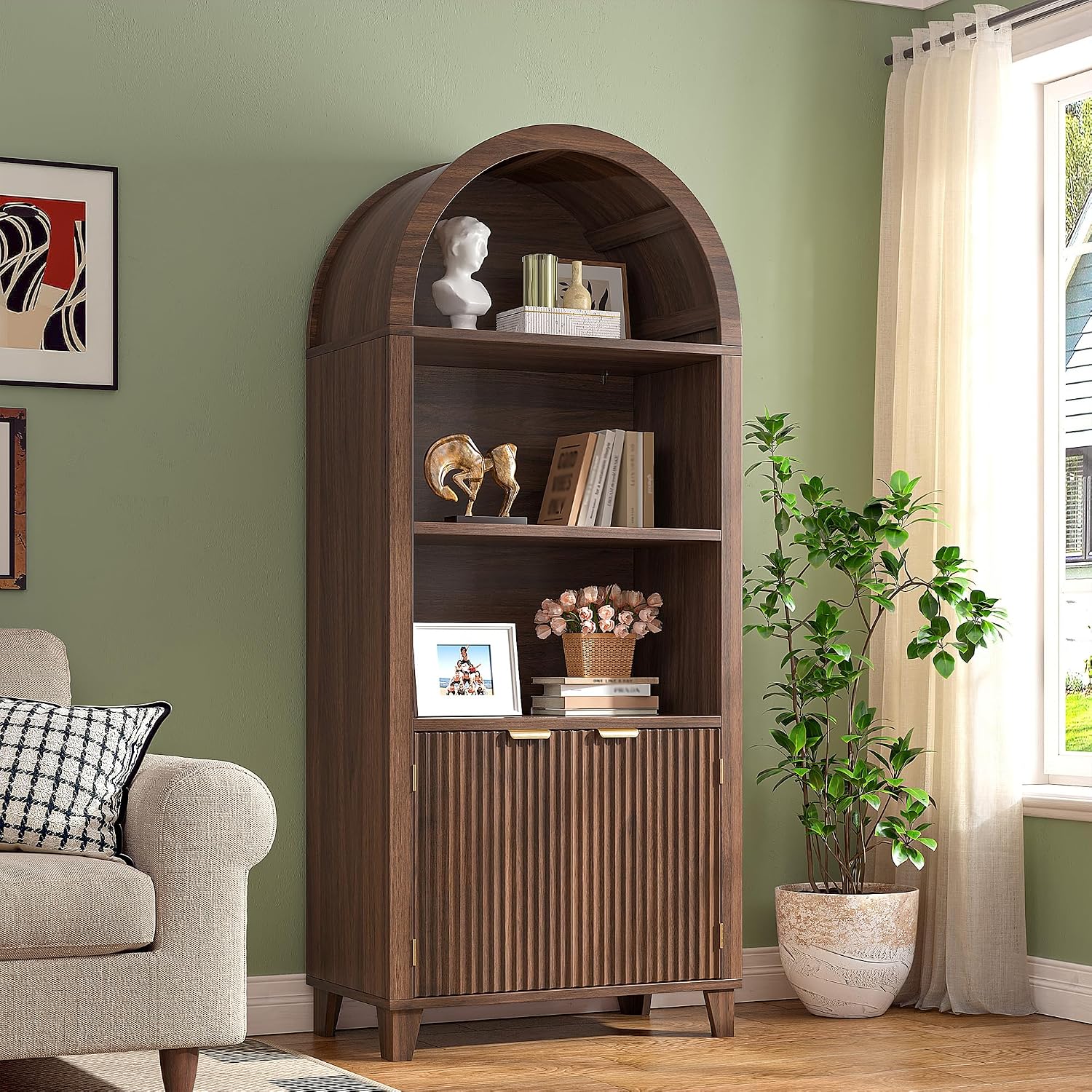 DurayLoly Book Shelf Arched Cabinet, 5-Tier Arched Bookcase with Doors and Adjustable Wood Shelves, Wooden Storage Cabinet with Open Display Shelf for Office,Living Room, Kitchen，Walnut
