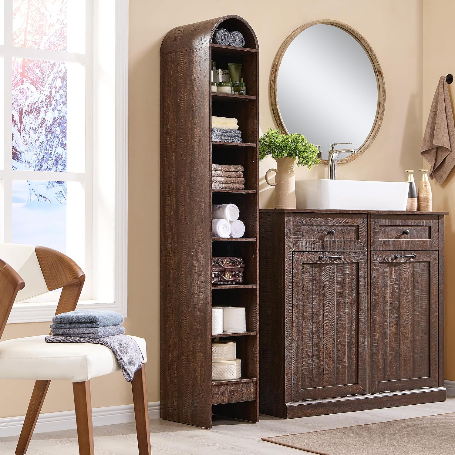 IFGET 67' Tall Arched Bookshelf, 8 Tiers Arch Bookcase with Storage, Modern Farmhouse Book Shelf with Adjustable Shelves, Wood Bookshelf w/Open Display Shelves for Living Room, Office (Brown)