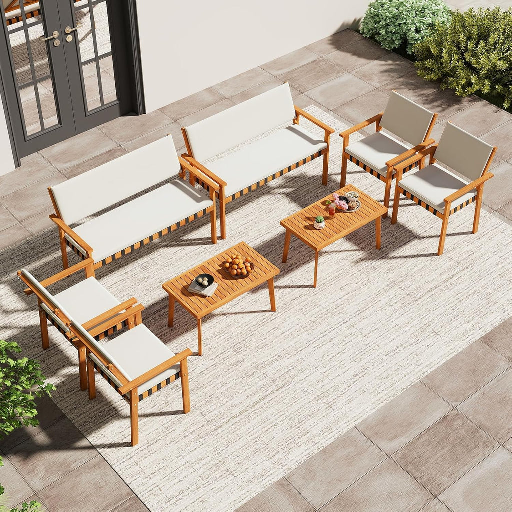 Tangkula 4 Pieces Wood Patio Furniture Set, Outdoor Acacia Wood Cuhioned Conversation Set with Coffee Table, for Backyard,Porch,Garden,Lawn
