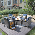ovios 5-Piece Patio Furniture Set, Outdoor Wicker Sofa with Chairs Fire Pit Table, High Back Rattan Chair with Comfy Cushions for Porch Yard Deck, Denim Blue