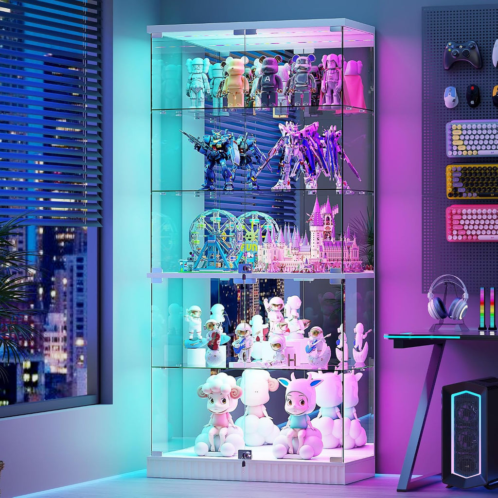 Glass Display Cabinet with RGB Lights - 5-Tiers Curio Cabinet Display Case with Lock, Frameless Tall Showcase Display Shelf for Collectibles & Legos, Living Room Bookcase Storage Cabinet (White)