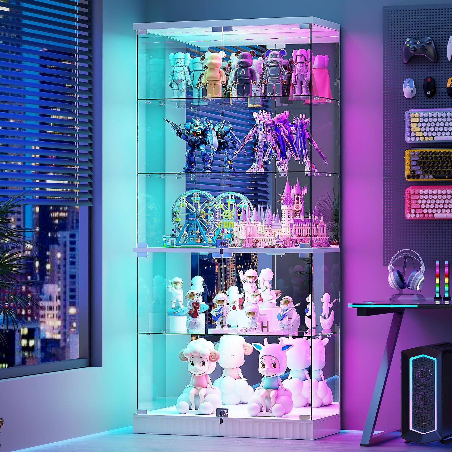 Glass Display Cabinet with RGB Lights - 5-Tiers Curio Cabinet Display Case with Lock, Frameless Tall Showcase Display Shelf for Collectibles & Legos, Living Room Bookcase Storage Cabinet (White)