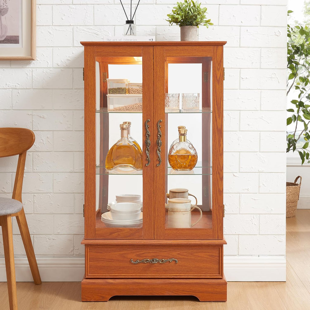 3-Tier Lighted Glass Curio Display Cabinet, 47' H Glass Accent Storage Cabinet with Adjustable Shelves & 1 Drawer, Wooden Wine Display Case with Mirrored Back Panel for Living Room(Dark Oak)