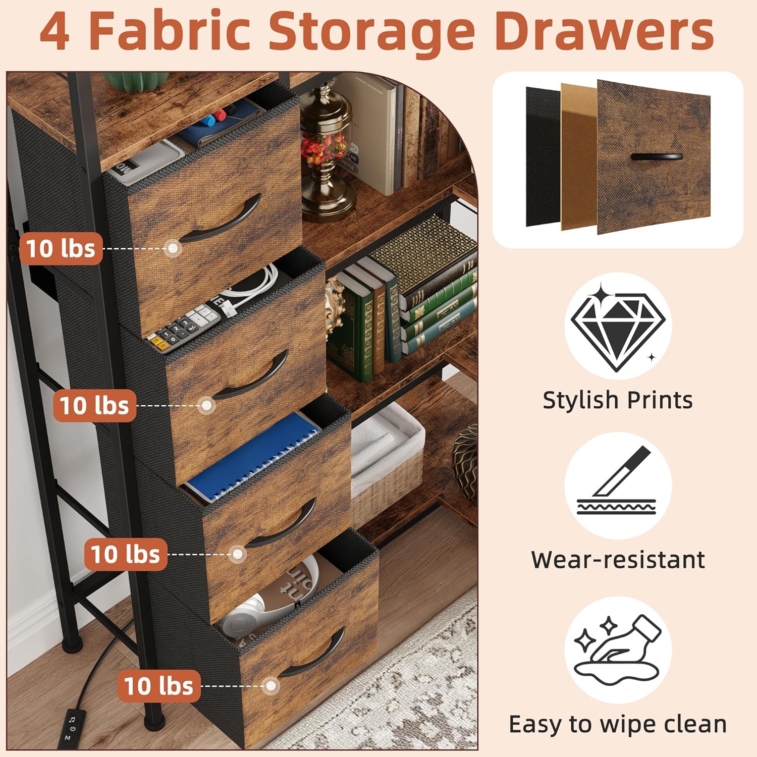 AFLUI Corner Bookshelf with LED Light Strips & 4 Fabric Drawers, 6-Tier Convertible Corner Shelf with Display Shelf, Large Wood Industrial Bookcase for Living Room, Bedroom, Home Office, Rustic Brown