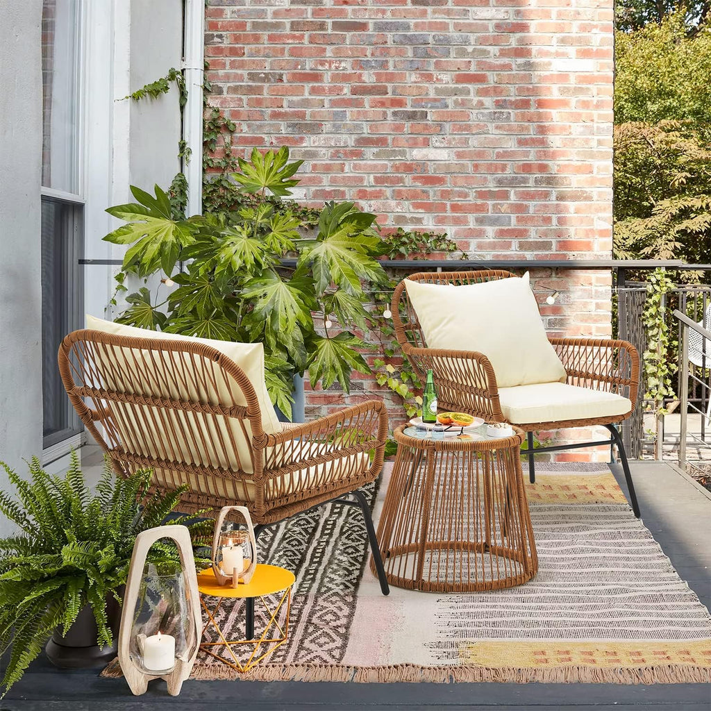 EROMMY 3-Piece Patio Conversation Bistro Set, Outdoor All-Weather Wicker Balcony Furniture with Tempered Glass Top Table & 2 Wide Ergonomic Armchairs, Seat Cushions for Porch, Backyard, White