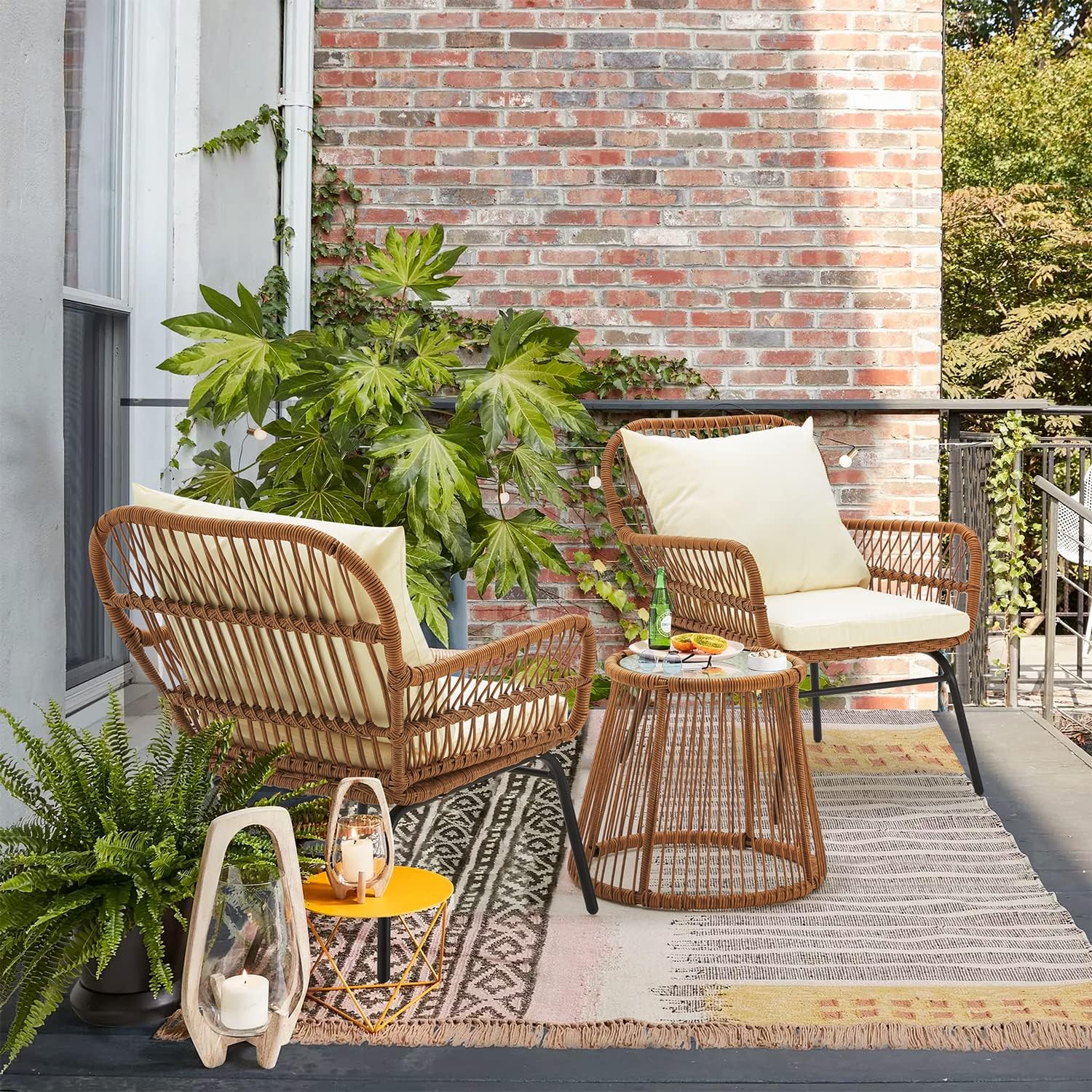 EROMMY 3-Piece Patio Conversation Bistro Set, Outdoor All-Weather Wicker Balcony Furniture with Tempered Glass Top Table & 2 Wide Ergonomic Armchairs, Seat Cushions for Porch, Backyard, White