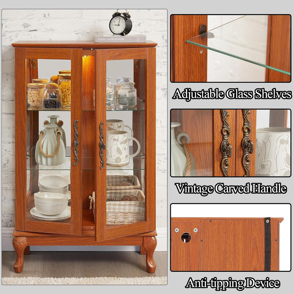 43' H Lighted Glass Curio Display Cabinet, 3-Tier Glass Accent Storage Cabinet Curio Showcase w/Adjustable Shelves,Wine Artwork Storage Rack w/Mirrored Back Panel for Living Room(Dark Oak)