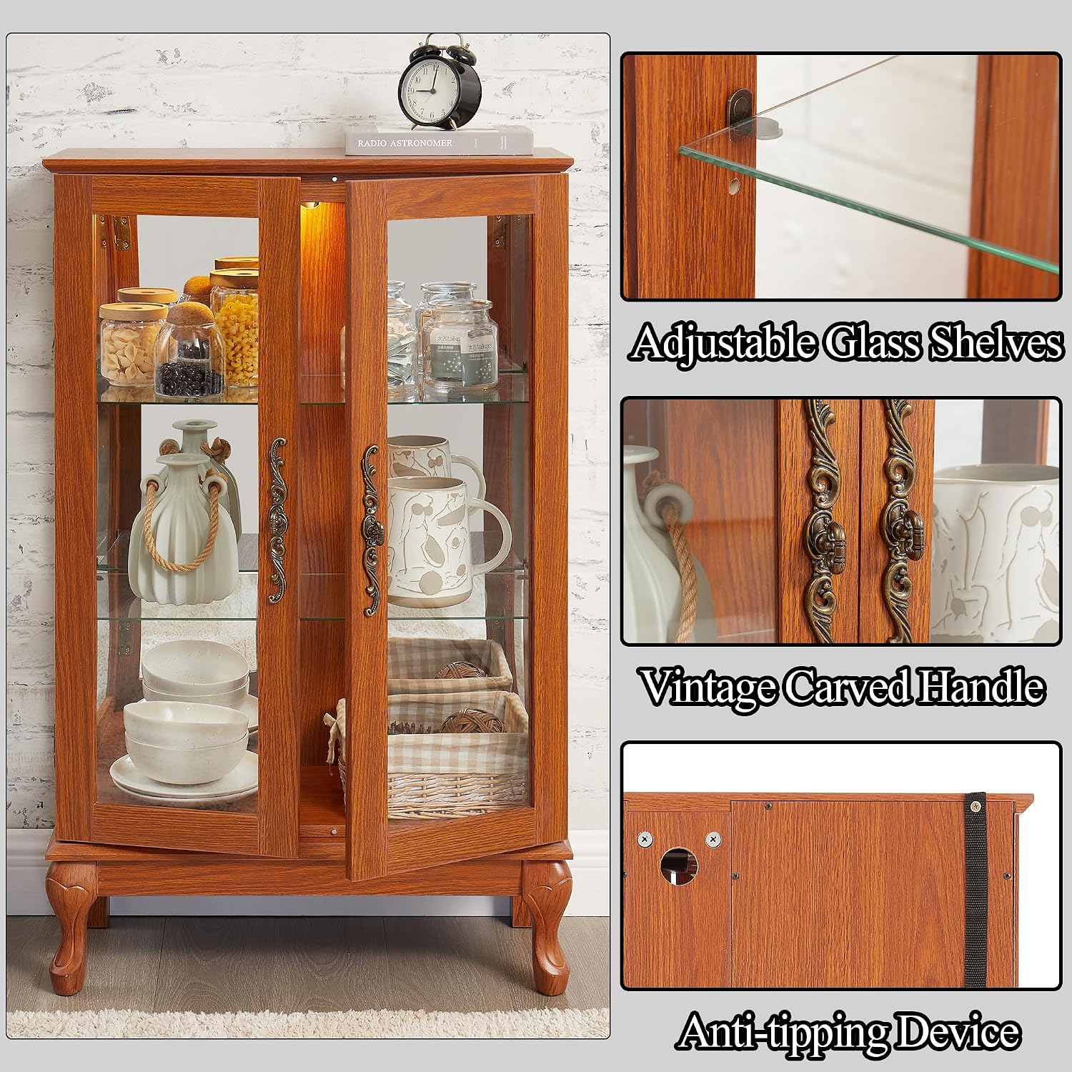43' H Lighted Glass Curio Display Cabinet, 3-Tier Glass Accent Storage Cabinet Curio Showcase w/Adjustable Shelves,Wine Artwork Storage Rack w/Mirrored Back Panel for Living Room(Dark Oak)