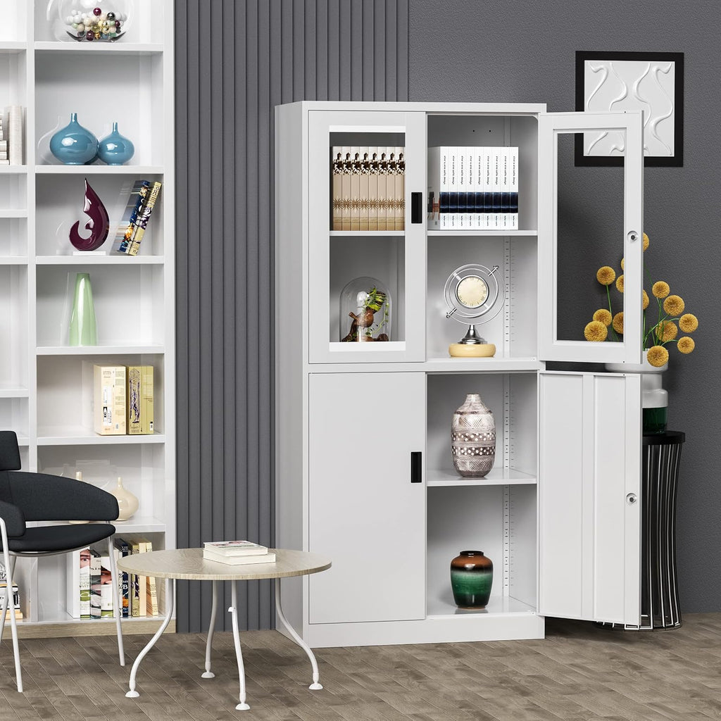 4 Door Display Cabinet with Adjustable Shelves, 71' Tall Display Cabinets with Glass Door, White Metal Display case, Locking Steel Storage Caninet for Home/Office/Living Room -Assembly Required