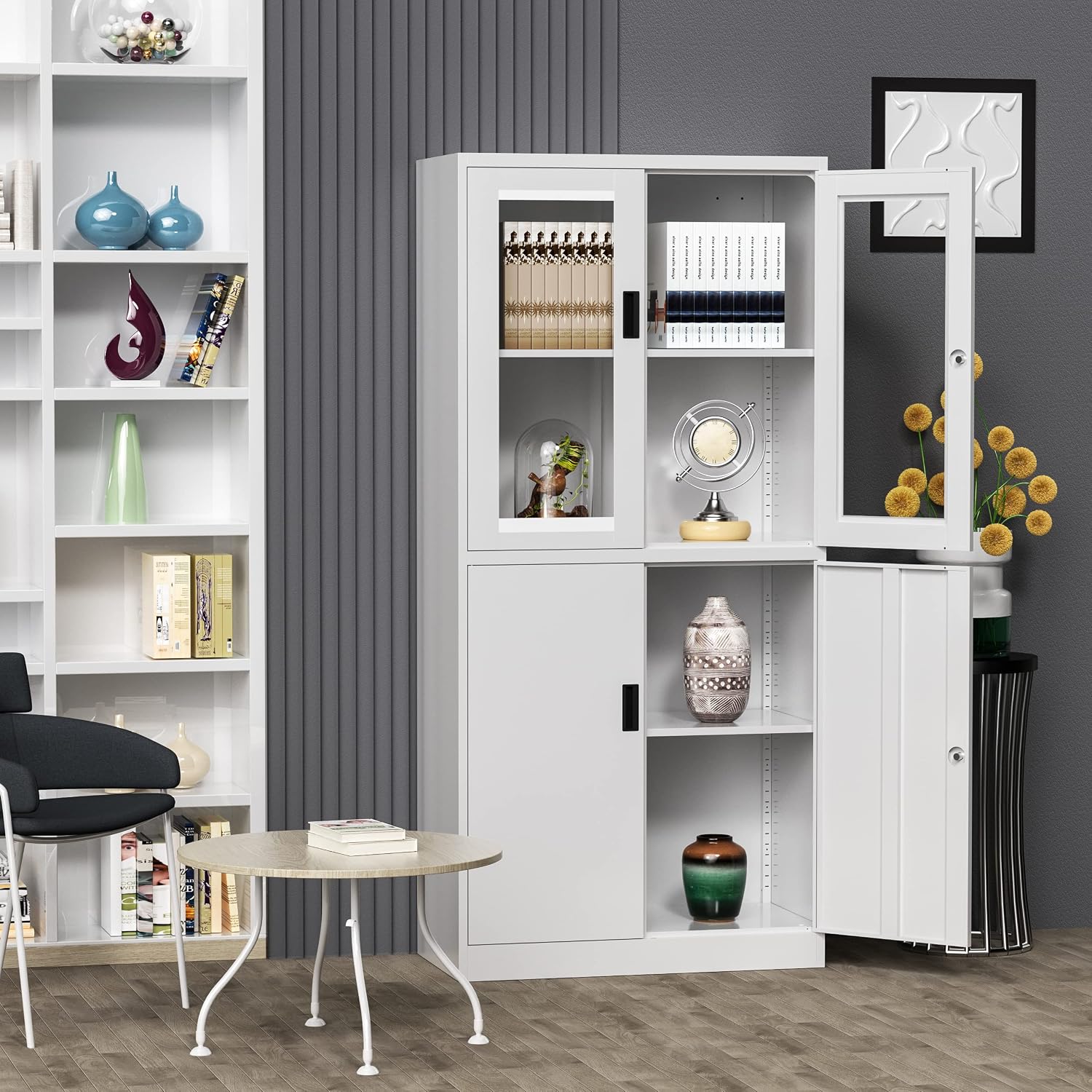 4 Door Display Cabinet with Adjustable Shelves, 71' Tall Display Cabinets with Glass Door, White Metal Display case, Locking Steel Storage Caninet for Home/Office/Living Room -Assembly Required