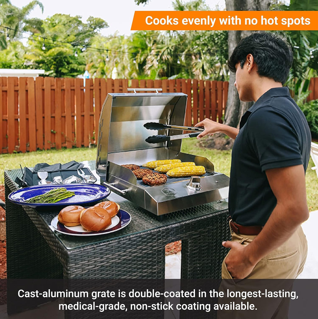 Kenyon G2 Portable Tabletop Electric Grill, 1440W Single Burner, Stainless Steel Body, Cast Aluminum Grate, UL Approved Grill For Indoor And Outdoor Use, Removable Lid, Dishwasher Safe, 120Volts
