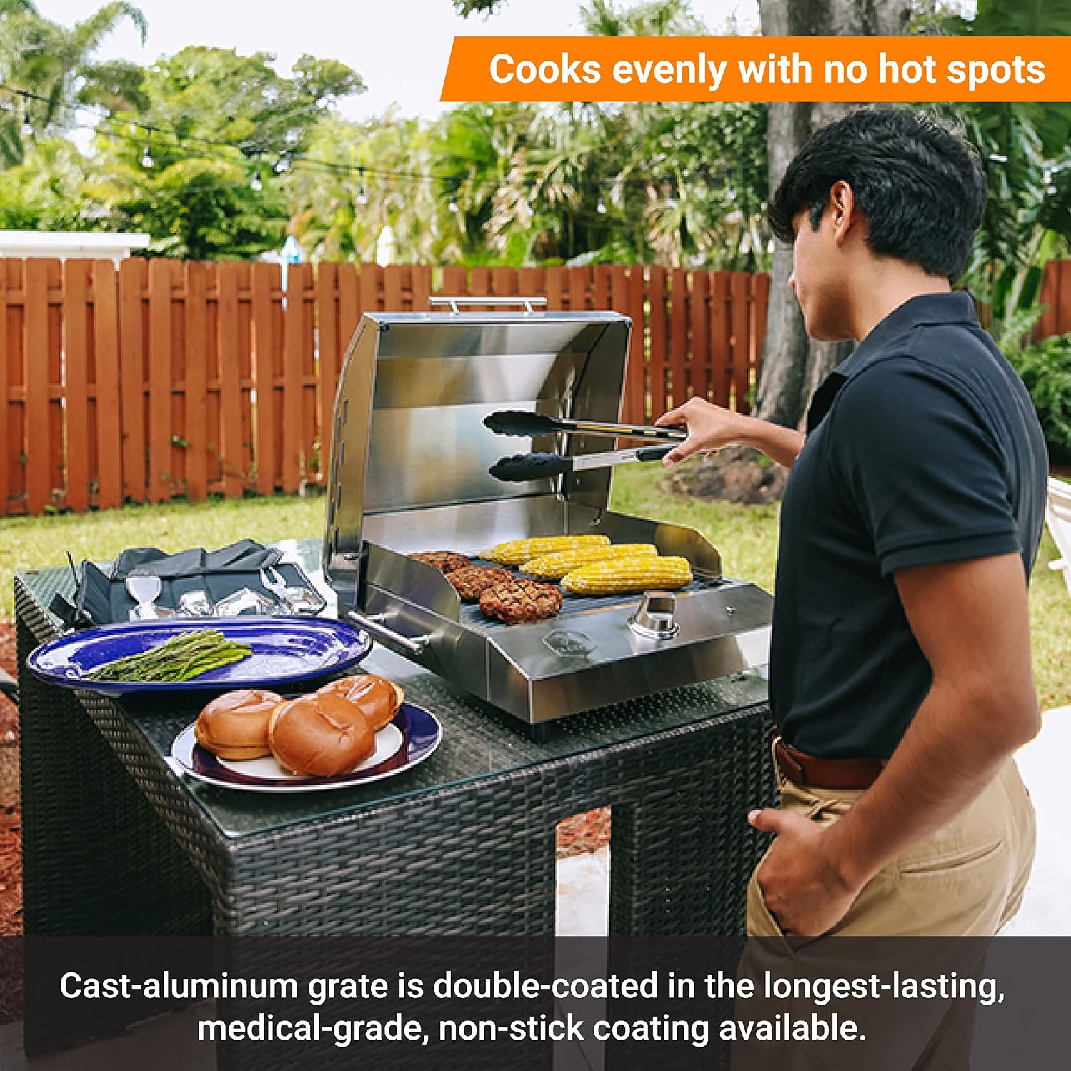Kenyon G2 Portable Tabletop Electric Grill, 1440W Single Burner, Stainless Steel Body, Cast Aluminum Grate, UL Approved Grill For Indoor And Outdoor Use, Removable Lid, Dishwasher Safe, 120Volts
