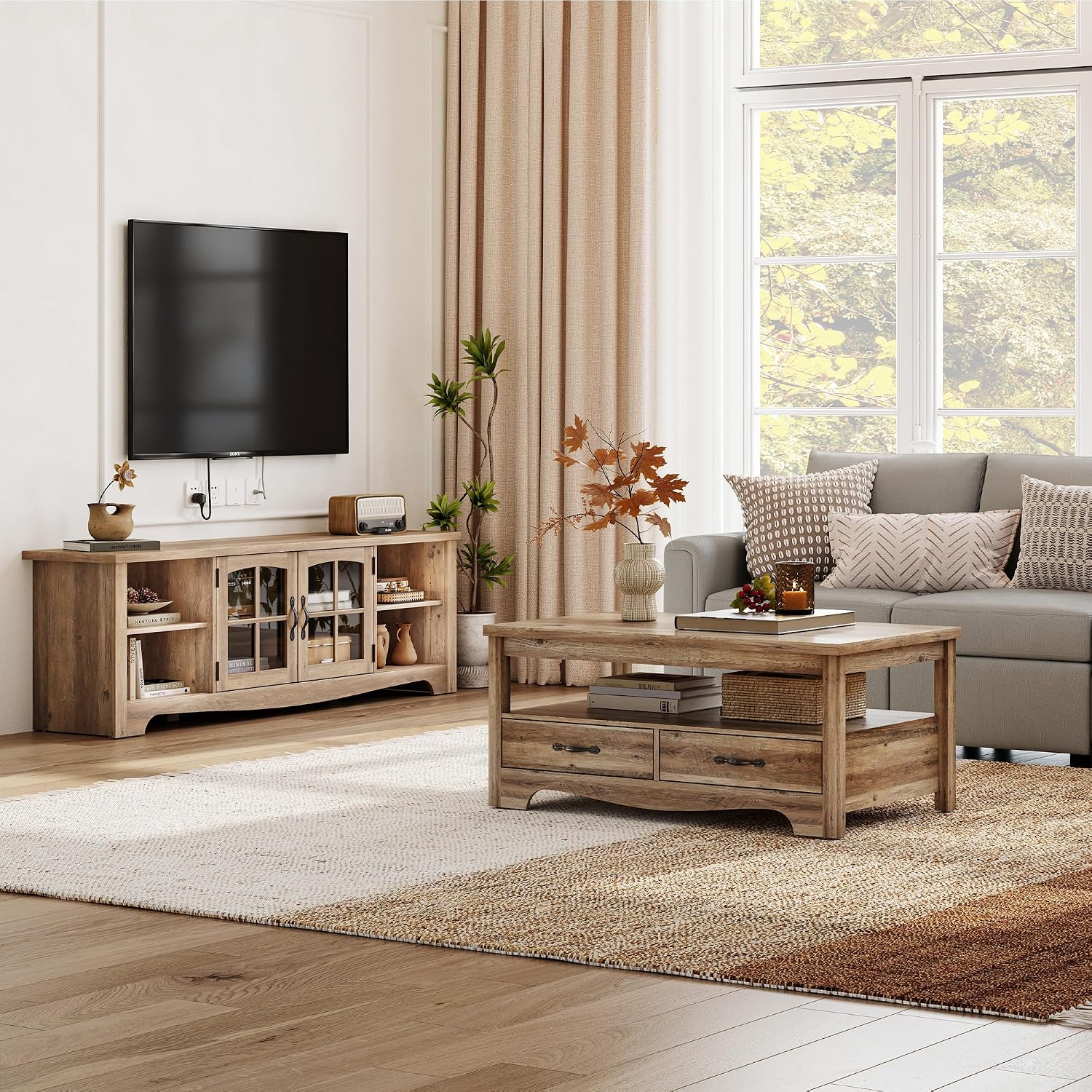 LINSY HOME TV Stand for 75 Inch TV, Modern Farmhouse Entertainment Center with Storage Cabinets and Glass Doors, Tall Media Console Table for Living Room, Bedroom, Large Long Television Stand, Brown