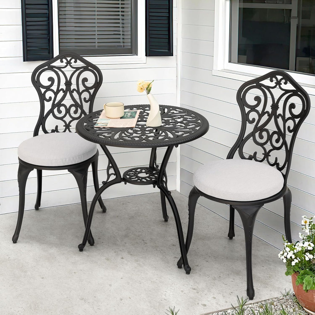 NUU GARDEN Patio 3-Piece Bistro Set with Olefin Cushions, Patio Chairs and Outdoor Round Table with Umbrella Hole, Cast Aluminum Patio Set for Lawn, Garden, Porch, Poolside, Black