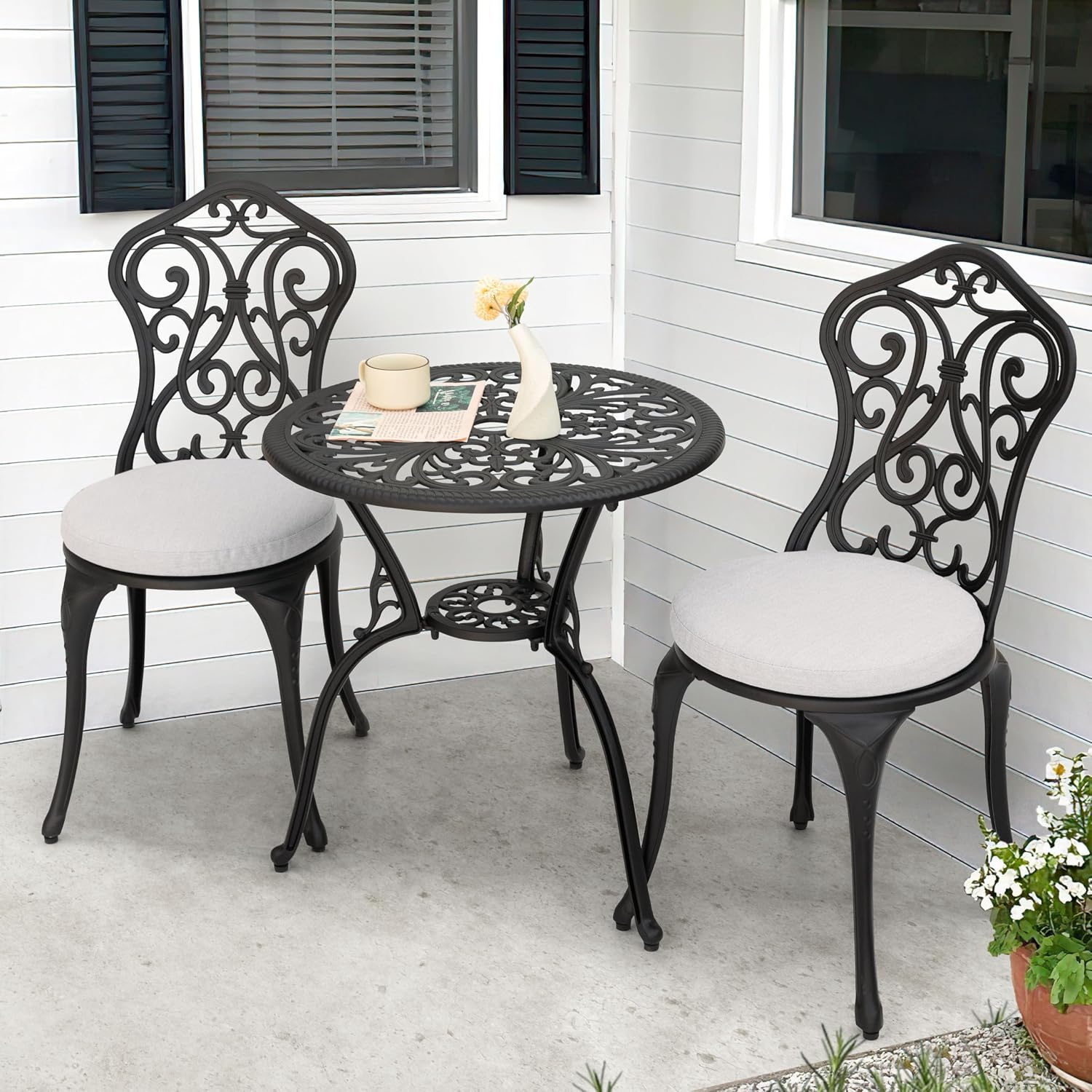 NUU GARDEN Patio 3-Piece Bistro Set with Olefin Cushions, Patio Chairs and Outdoor Round Table with Umbrella Hole, Cast Aluminum Patio Set for Lawn, Garden, Porch, Poolside, Black