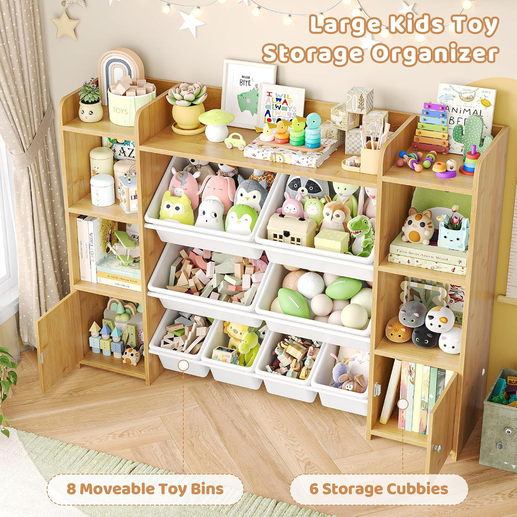 FOTOSOK Toy Storage Organizer with 8 Toy Bins, 55''Large Toy Organizers and Storage with Top Shelf, Toy Storage and Kids Bookshelf with 6 Storage Cubbies, Playroom Storage and Toy Box, Natural