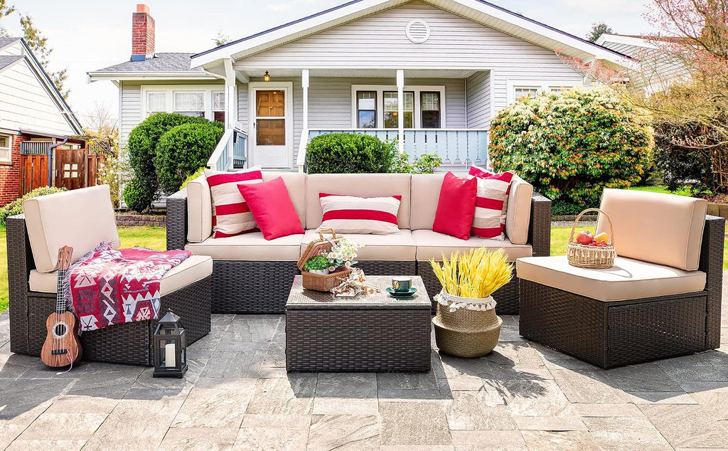 Vongrasig 6 Pieces Outdoor Patio Furniture Set, PE Wicker Rattan Sectional Sofa Small Patio Conversation Sets with Coffee Table for Garden, Backyard, Poolside (Beige)