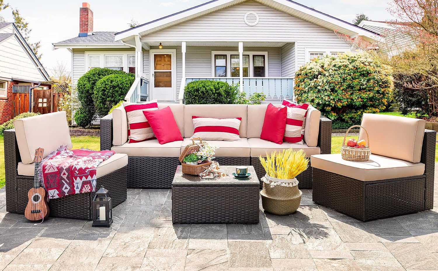 Vongrasig 6 Pieces Outdoor Patio Furniture Set, PE Wicker Rattan Sectional Sofa Small Patio Conversation Sets with Coffee Table for Garden, Backyard, Poolside (Beige)