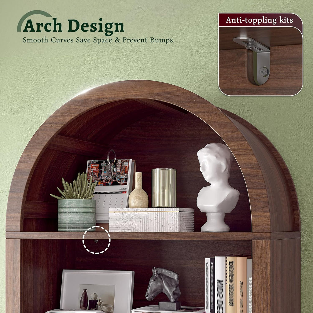 DurayLoly 79.9' Tall Arched Cabinet, 6-Tier Arched Bookcase with Fluted Doors and Adjustable Wood Shelves, Wooden Storage Cabinet with Tall Bookshelf for Office, Living Room, Kitchen, Walnut