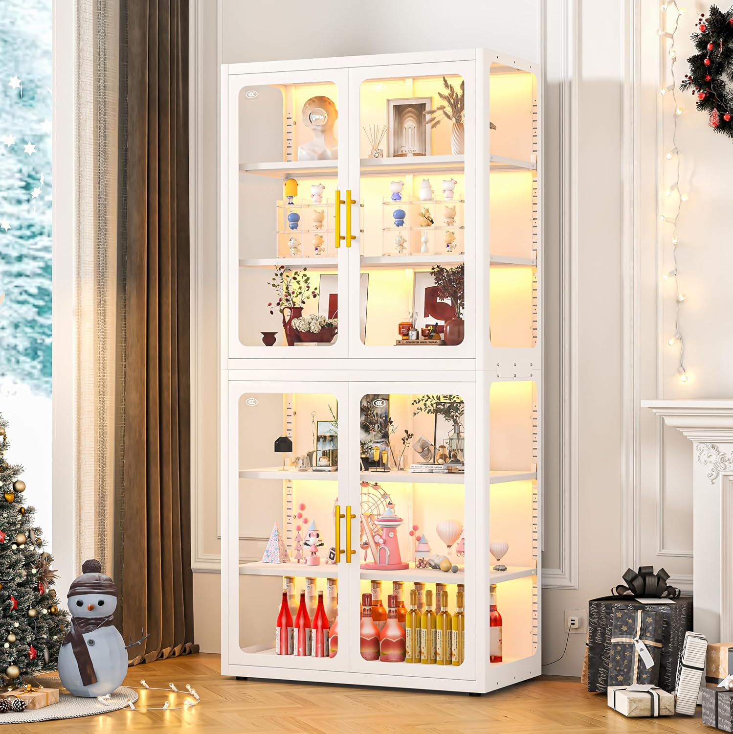 GAIOUS 67' Tall Display Cabinet with Glass Door, 6 Tier Metal Curio Cabinet with 3 Color Lights and 4 Adjustable Shelves, Glass Display Case for Collectibles, Showcase Storage Cabinets, White