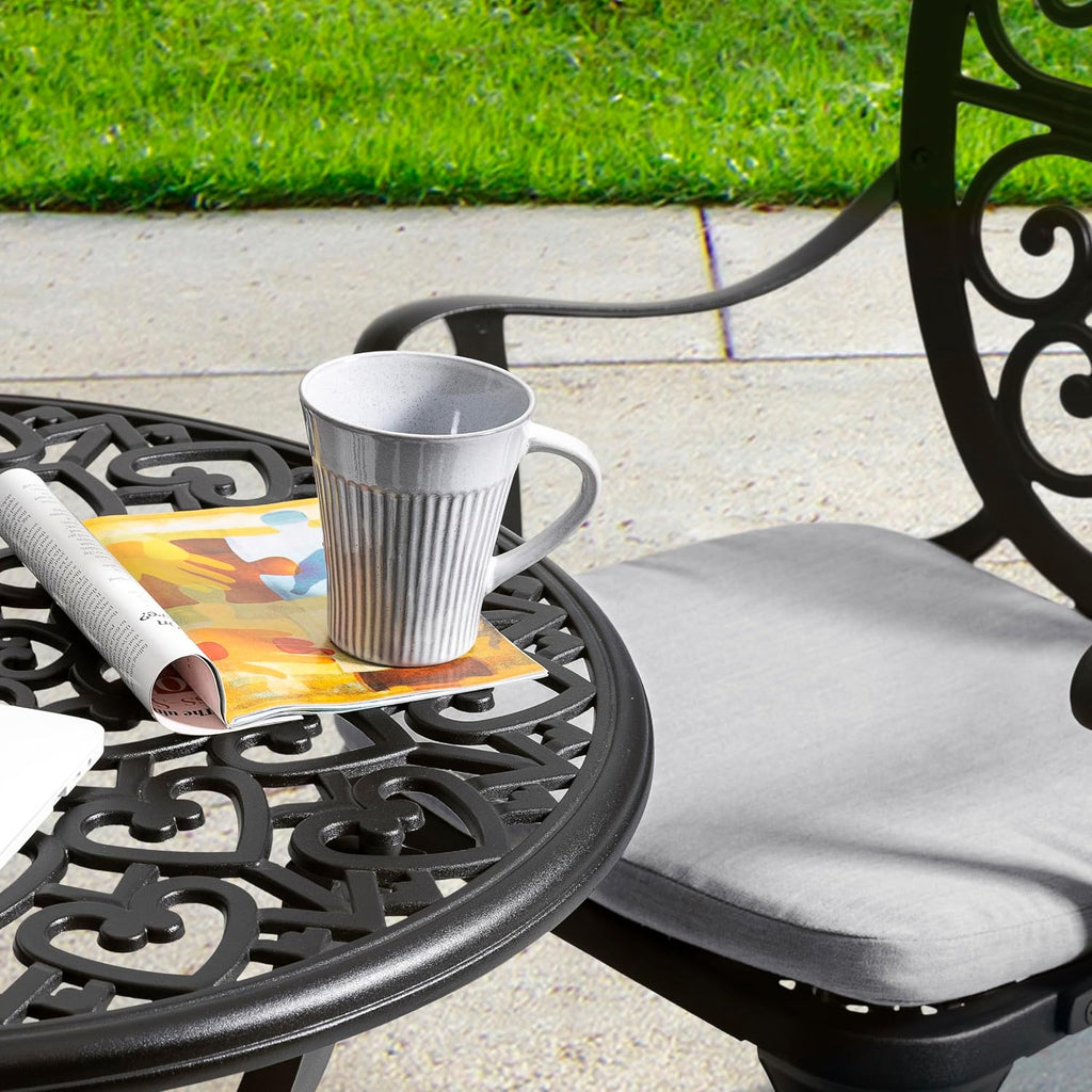 NUU GARDEN 3-Piece Outdoor Bistro Set, Cast Aluminum Patio Bistro Table and Chairs with Umbrella Hole and Grey Cushions, Bistro Set for Patio and Backyard, Black