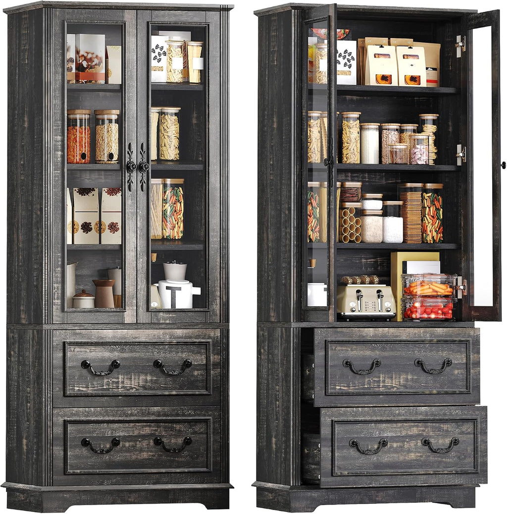YITAHOME 76'' Kitchen Pantry Cabinet with 2 Drawers, Tall Storage Cabinet with Glass Doors & Adjustable Shelves, Freestanding Display Curio Cabinet for Collectibles, Living Room, Dark Rustic Oak