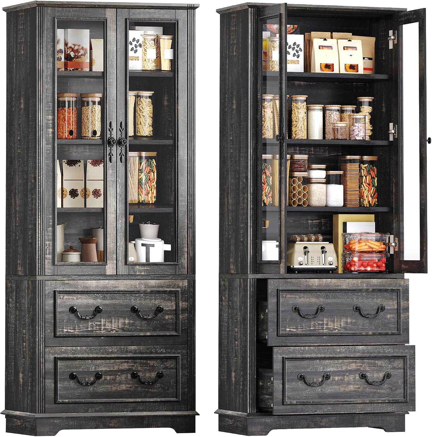 YITAHOME 76'' Kitchen Pantry Cabinet with 2 Drawers, Tall Storage Cabinet with Glass Doors & Adjustable Shelves, Freestanding Display Curio Cabinet for Collectibles, Living Room, Dark Rustic Oak
